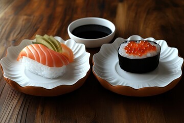 Sushi platter for two featuring fresh salmon tuna eel and prawns on rice served with soy sauce and sake on a wooden table Traditional Japanese meal