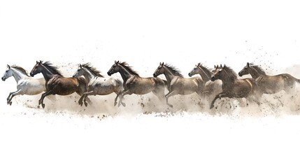 A dynamic group of horses galloping through dust, showcasing strength and elegance in motion.