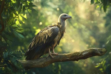 Obraz premium Vibrant juvenile Egyptian vulture amidst lush green oasis
