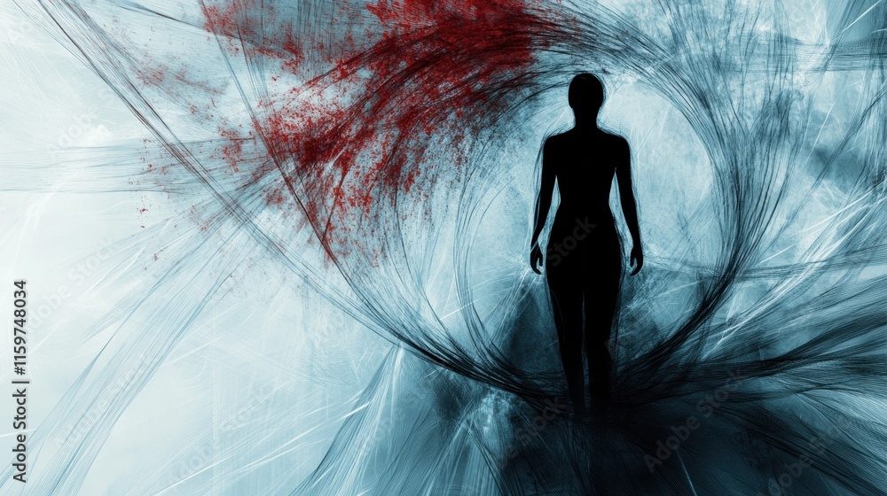 Poster surrounded by abstract lines and colors, a silhouette conveys the feeling of isolation and introspec