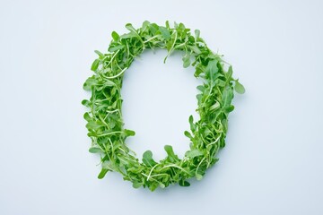The letter O is formed by fresh green arugula sprouts on a white backdrop