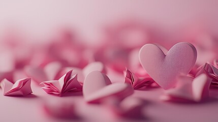 Obraz premium Pink hearts scattered on pink background.