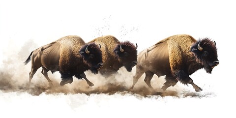 A dynamic trio of American bison charging through a dust cloud, showcasing their powerful stature and wild spirit.