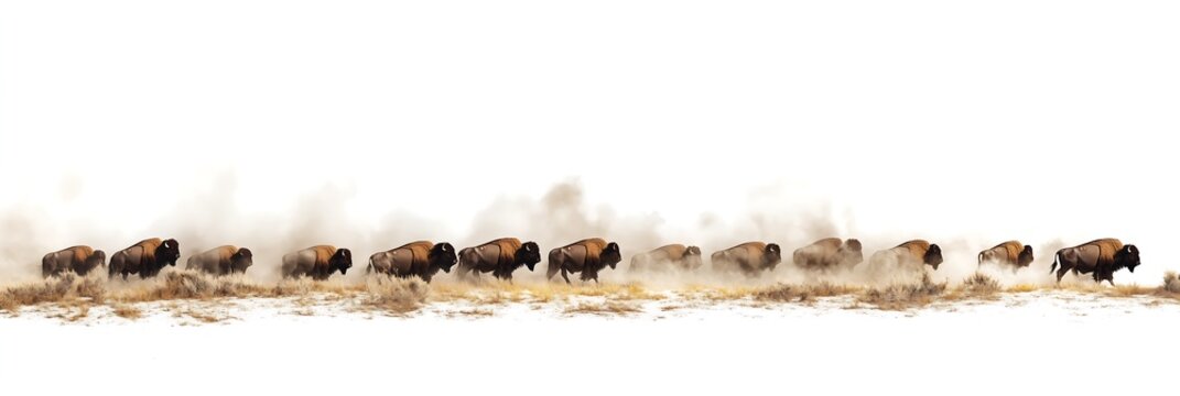 A herd of majestic American bison runs through a dusty landscape, showcasing their powerful presence.