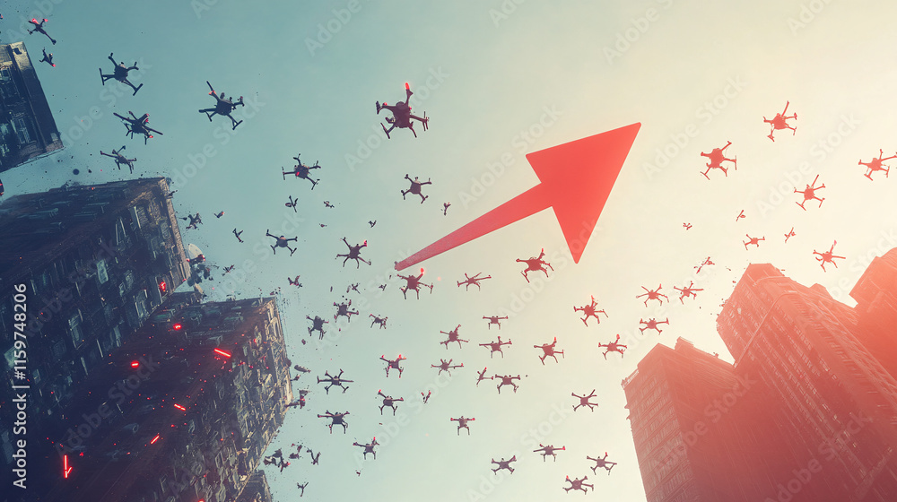 Poster a red arrow falling through a sky filled with drones, representing the technological advancement in 
