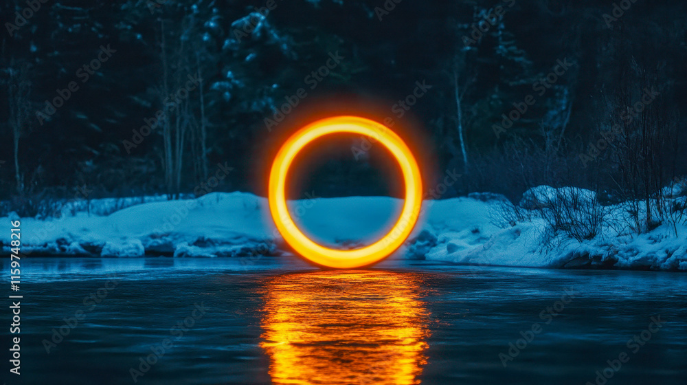 Poster a captivating glowing ring reflection on a serene frozen river surrounded by snowy trees during twil