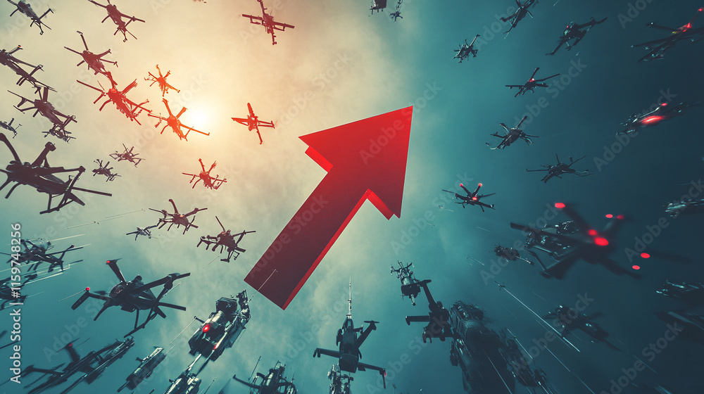 Poster a red arrow falling through a sky filled with drones, representing the technological advancement in 