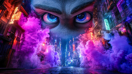 Fototapeta premium A captivating neon-lit street scene with an enormous character looming over the city, shrouded in vibrant mist and lights