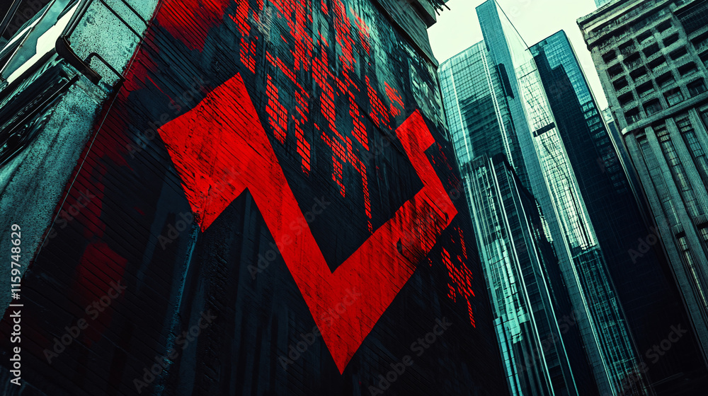 Poster a red arrow painted on the side of a futuristic building, with animated stock graphs spiraling downw