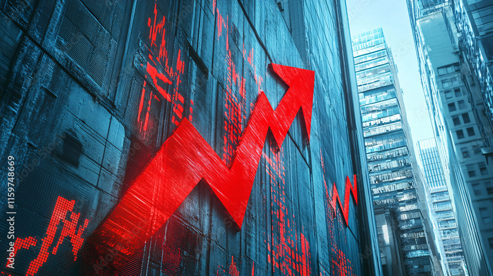 Poster a red arrow painted on the side of a futuristic building, with animated stock graphs spiraling downw