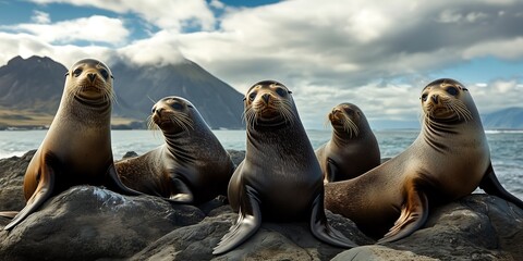 Fototapeta premium Group of playful sea lions basking on rocky shore under a scenic cloudy sky.