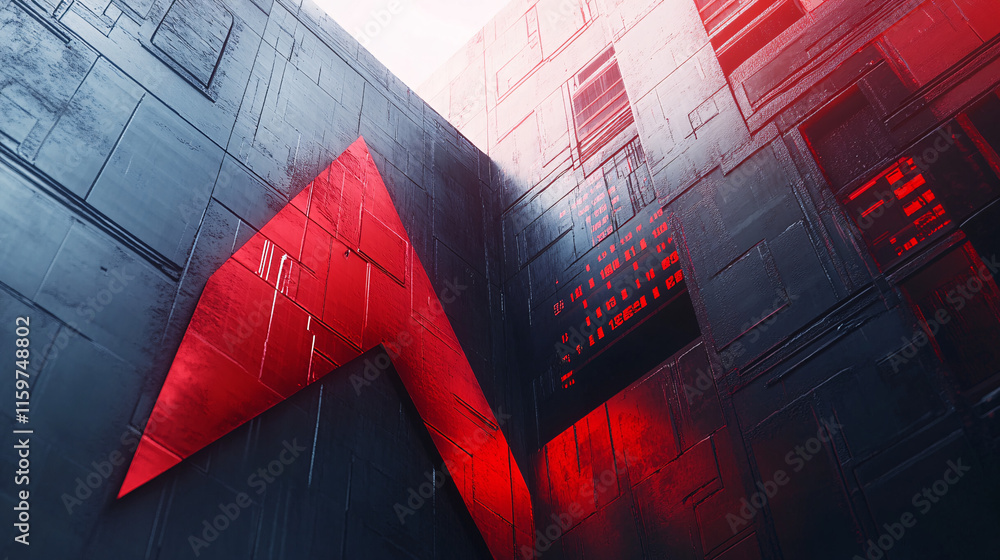 Poster a red arrow painted on the side of a futuristic building, with animated stock graphs spiraling downw