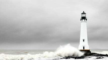 Obraz premium A majestic lighthouse standing tall against turbulent waves and a moody sky, guiding ships through stormy seas.