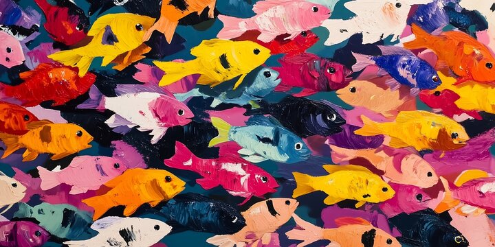A vibrant and colorful underwater scene featuring an array of painted fish in various hues.