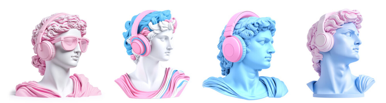 3d creative portrait, head, bust ancient woman and man statue with music headphones in holographic, rainbow, color on white isolated  background for art work collage
