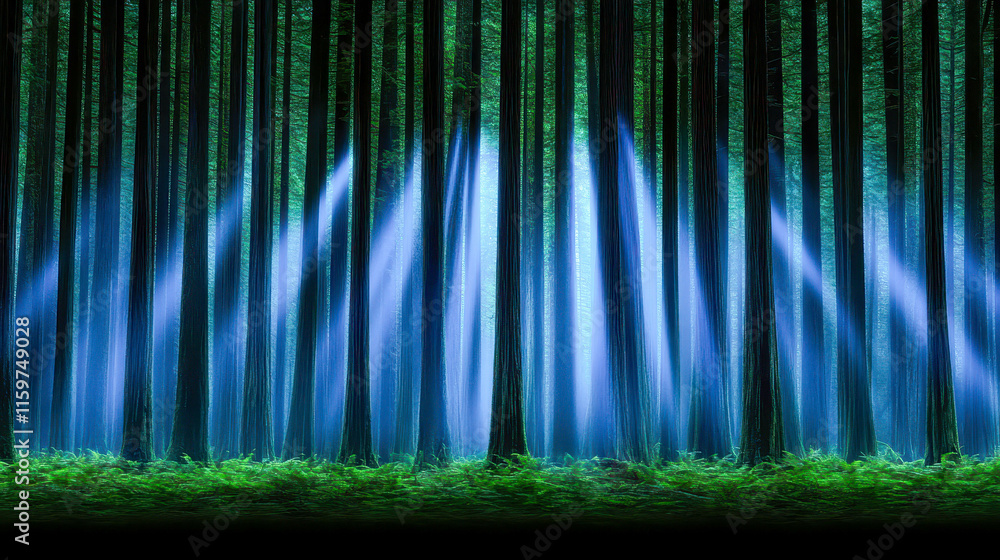 Poster a mystical forest scene with ethereal light beams piercing through tall trees, creating an enchantin