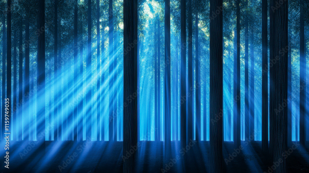 Poster mystical blue forest illuminated by ethereal sunlight rays creating a serene and enchanting atmosphe