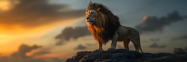 A regal lion wearing an intricately designed crown, standing on a cliff at sunrise, symbolizing leadership and strength.  
