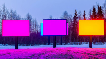 Vibrant, empty billboards illuminated under a twilight sky in a snowy landscape, showcasing modern advertising potential