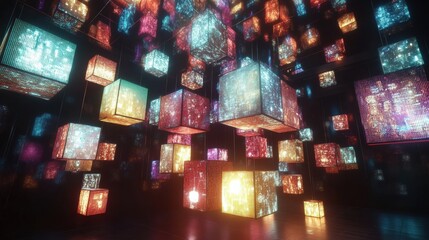 Floating cubes with abstract symbols create a mesmerizing digital display in an immersive environment. Generative AI