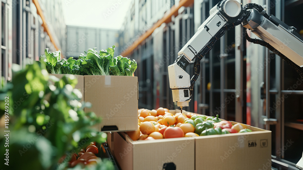 Poster a robotic arm loading boxes of fresh produce into a shipping container, symbolizing automation in gl