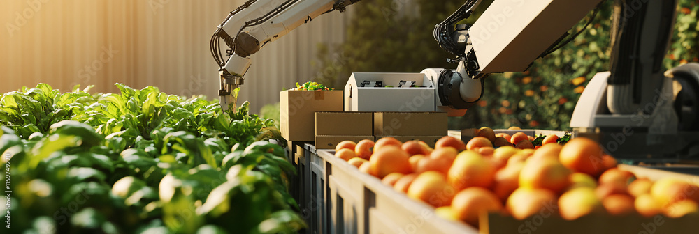 Poster a robotic arm loading boxes of fresh produce into a shipping container, symbolizing automation in gl