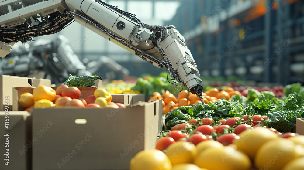 Poster a robotic arm loading boxes of fresh produce into a shipping container, symbolizing automation in gl