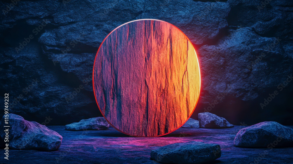 Poster illuminated abstract oval panel surrounded by textured rocks in a dark cave setting with glowing ref