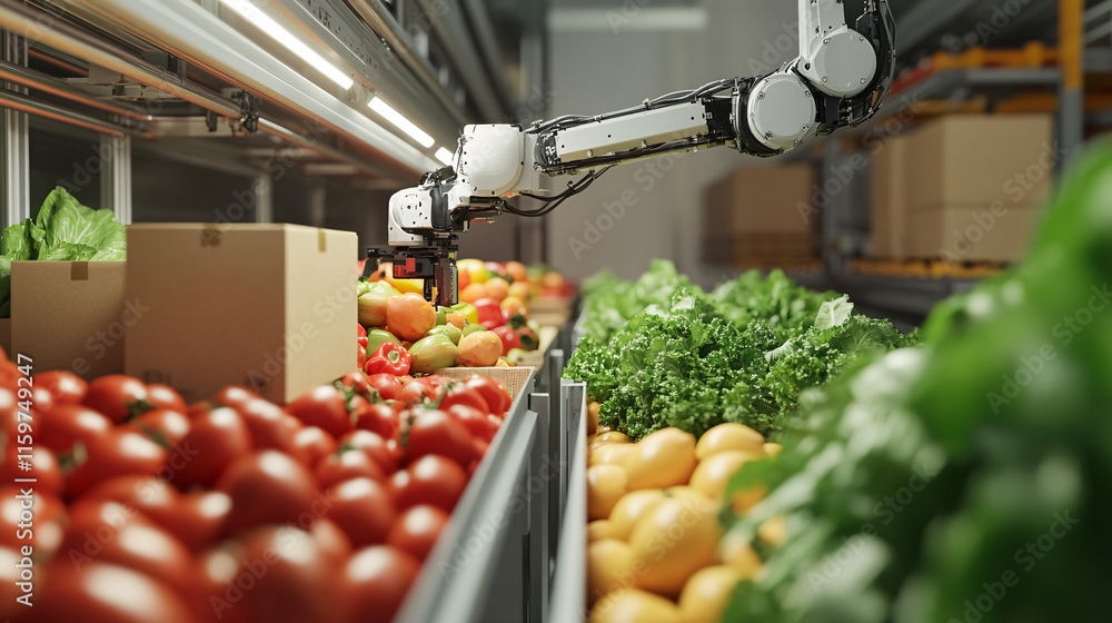 Poster a robotic arm loading boxes of fresh produce into a shipping container, symbolizing automation in gl