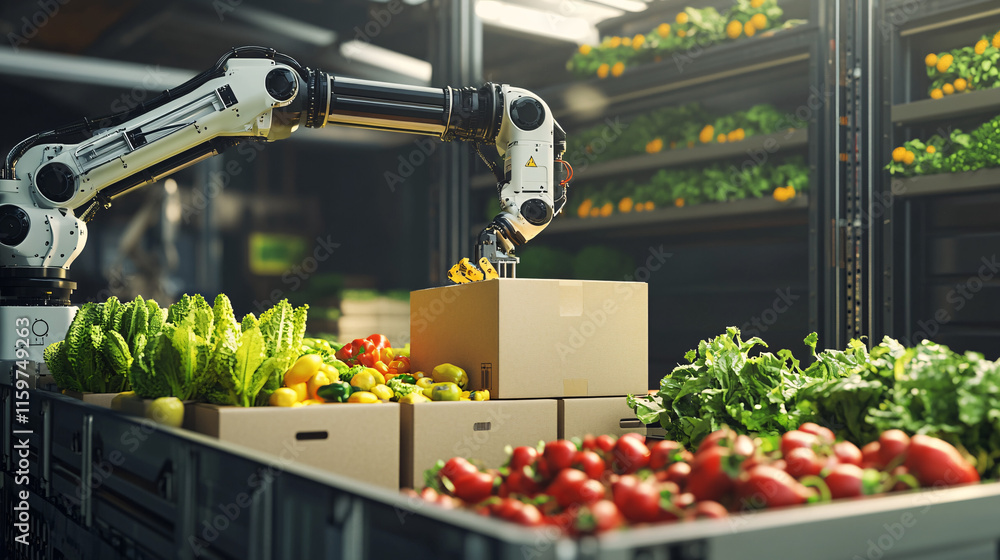 Poster A robotic arm loading boxes of fresh produce into a shipping container, symbolizing automation in global food logistics.  