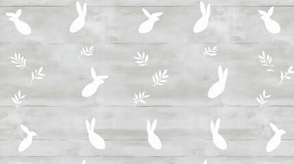 Seamless pattern featuring whimsical white bunnies and delicate foliage on a soft gray wooden background