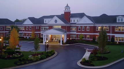 Elegant brick assisted living facility at dawn.