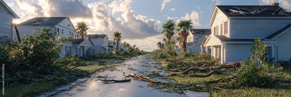 Aufkleber a row of houses with broken roofs and scattered tree branches after a hurricane, symbolizing the urg