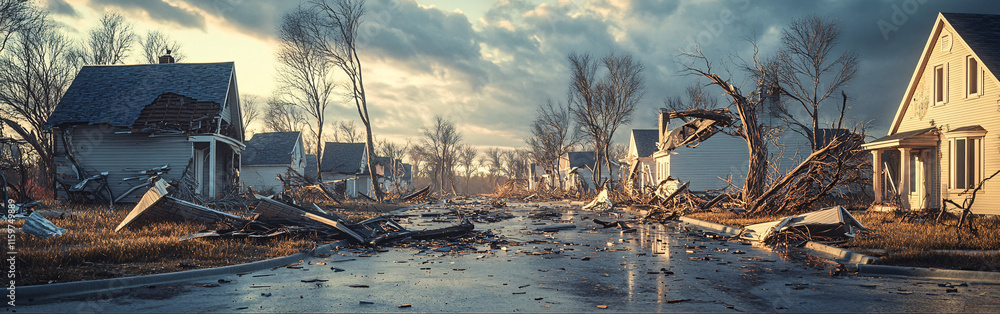 Poster a row of houses with broken roofs and scattered tree branches after a hurricane, symbolizing the urg