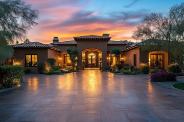 Naklejka premium Luxury mansion at sunset with elegant landscape and charming outdoor lighting in a serene neighborhood setting. Generative AI