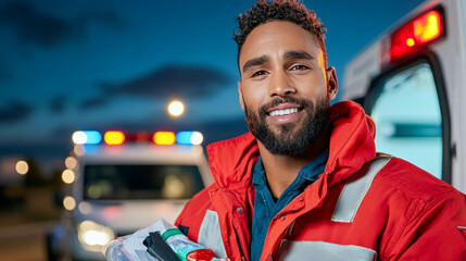 Emergency medical technician smiling warmly while holding supplies amidst an evening emergency scene with ambulance lights flashing