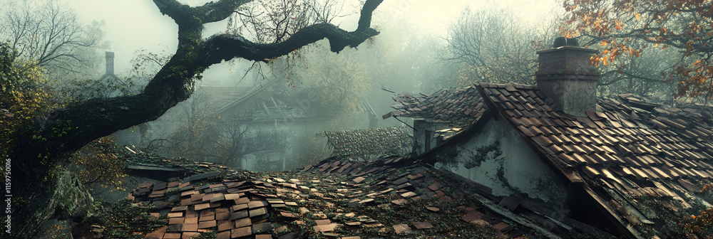 Poster a ruined rooftop with shingles scattered across the yard, while the broken trunk of an ancient tree 