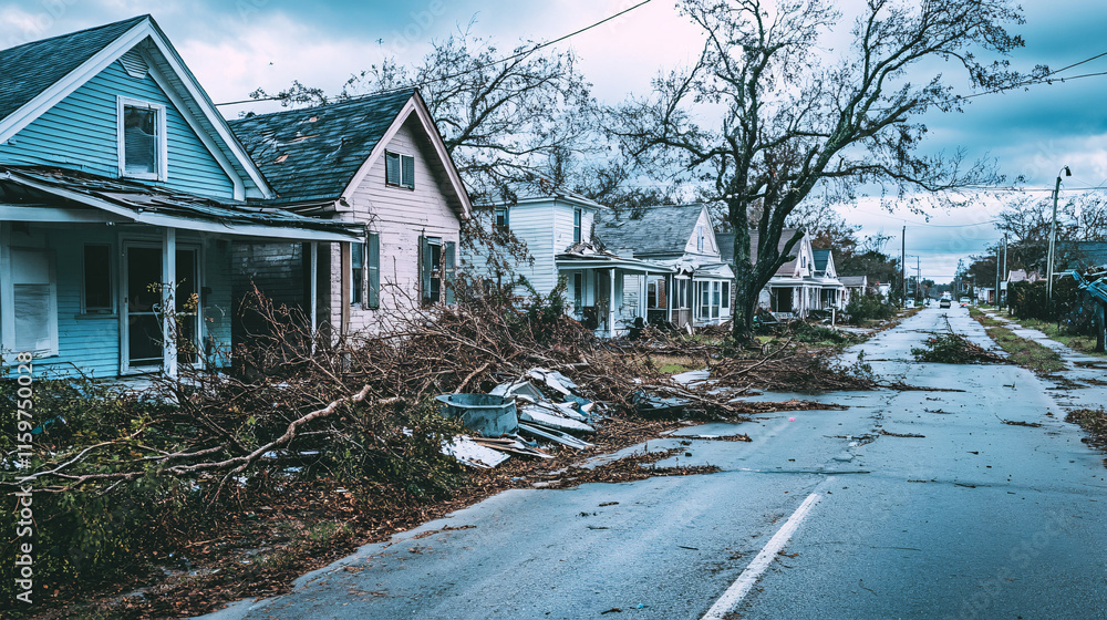 Poster a row of houses with broken roofs and scattered tree branches after a hurricane, symbolizing the urg