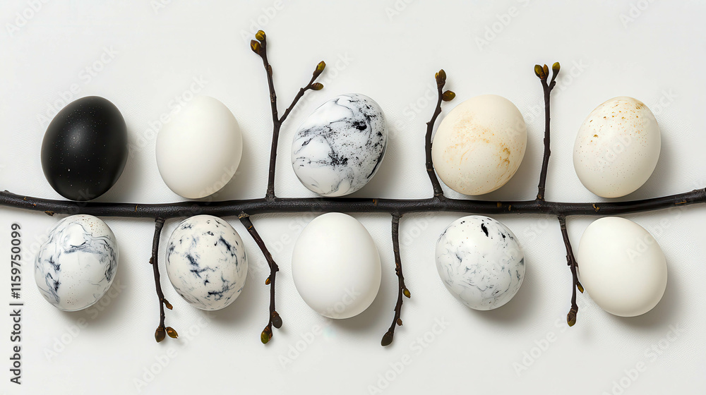 Poster elegant arrangement of decorative eggs and twigs showcasing a blend of colors and patterns in a mini