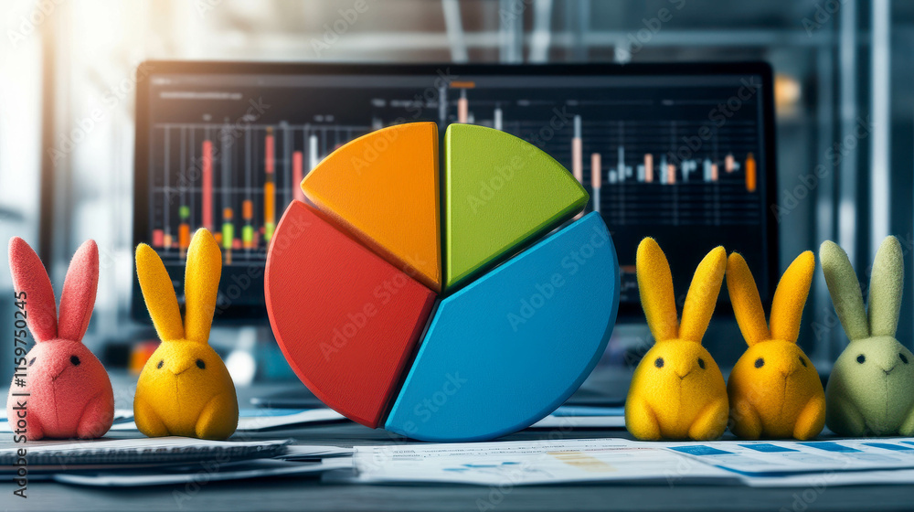 Poster colorful pie chart surrounded by playful bunny figurines on a modern office desk with data analytics