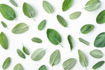 Naklejka premium Top view of fresh sage herb on a white background isolated with full depth of field