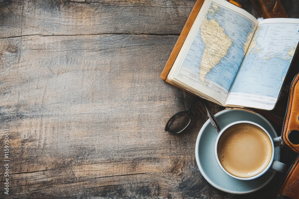 Aufkleber cozy travel flatlay with coffee and open travel guide for planning adventures in a rustic setting. g