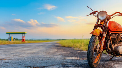 An old rusty motorcycle parked on an empty road at sunset, with a distant gas station hinting at nostalgia and adventure.
