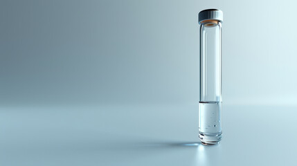 A clear glass bottle with a white cap sits on a white table