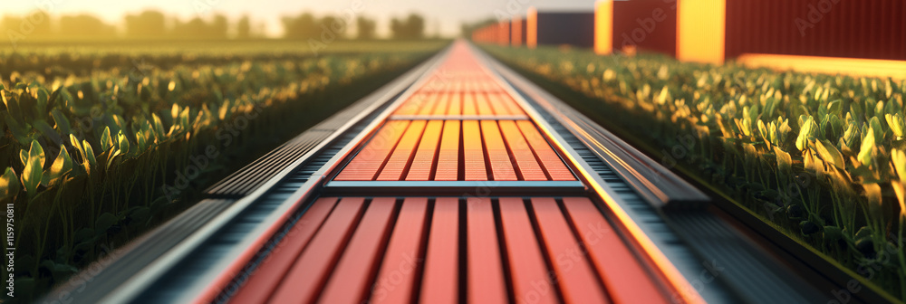Poster a seamless conveyor belt moving from a farm field directly into shipping containers, representing th