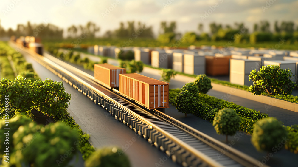 Poster a seamless conveyor belt moving from a farm field directly into shipping containers, representing th