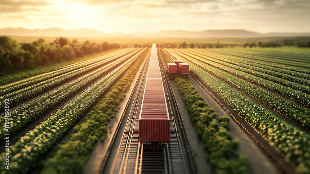 Poster a seamless conveyor belt moving from a farm field directly into shipping containers, representing th