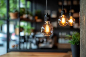 Obraz premium Warm pendant lights illuminate a cozy caf? setting with plants and a coffee machine in the background.