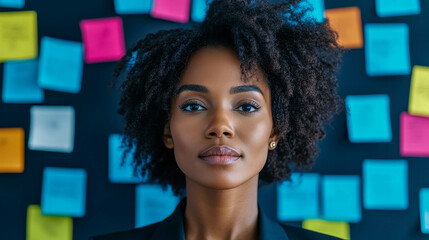 Confident young woman standing in front of a colorful sticky note backdrop, embodying determination and creativity in a professional setting.