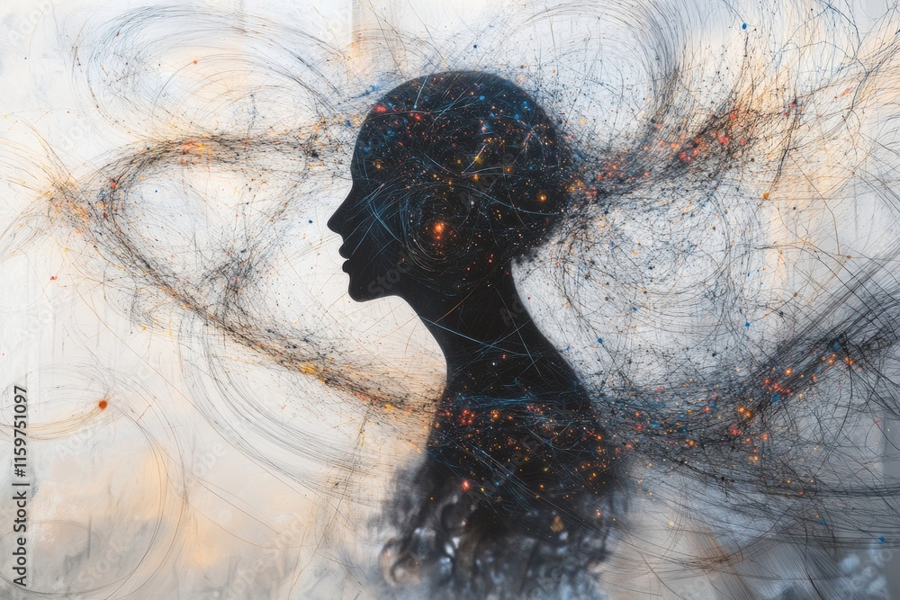 Aufkleber Human silhouette surrounded by abstract whirlwind symbolizing feelings of isolation and emotional turbulence. Generative AI